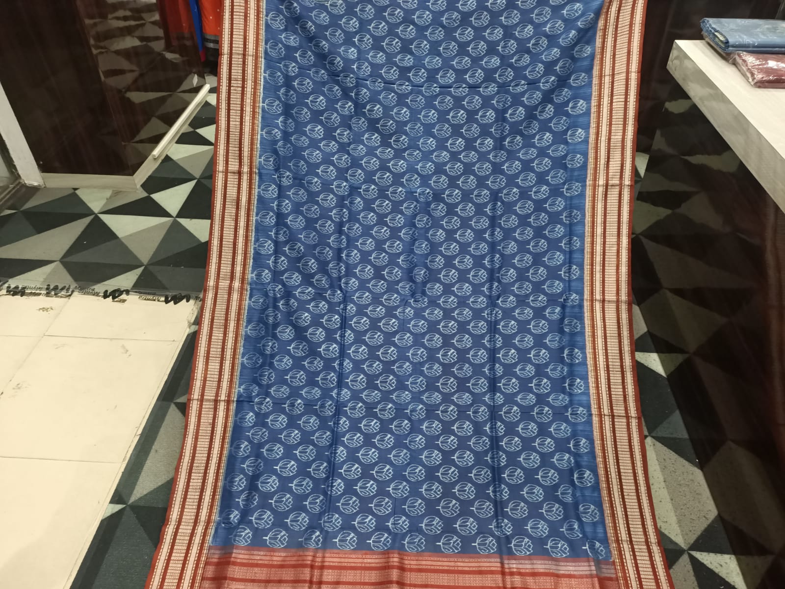 Indigo Blue Maroon Tulips Natural Dye Sambalpuri Silk Saree