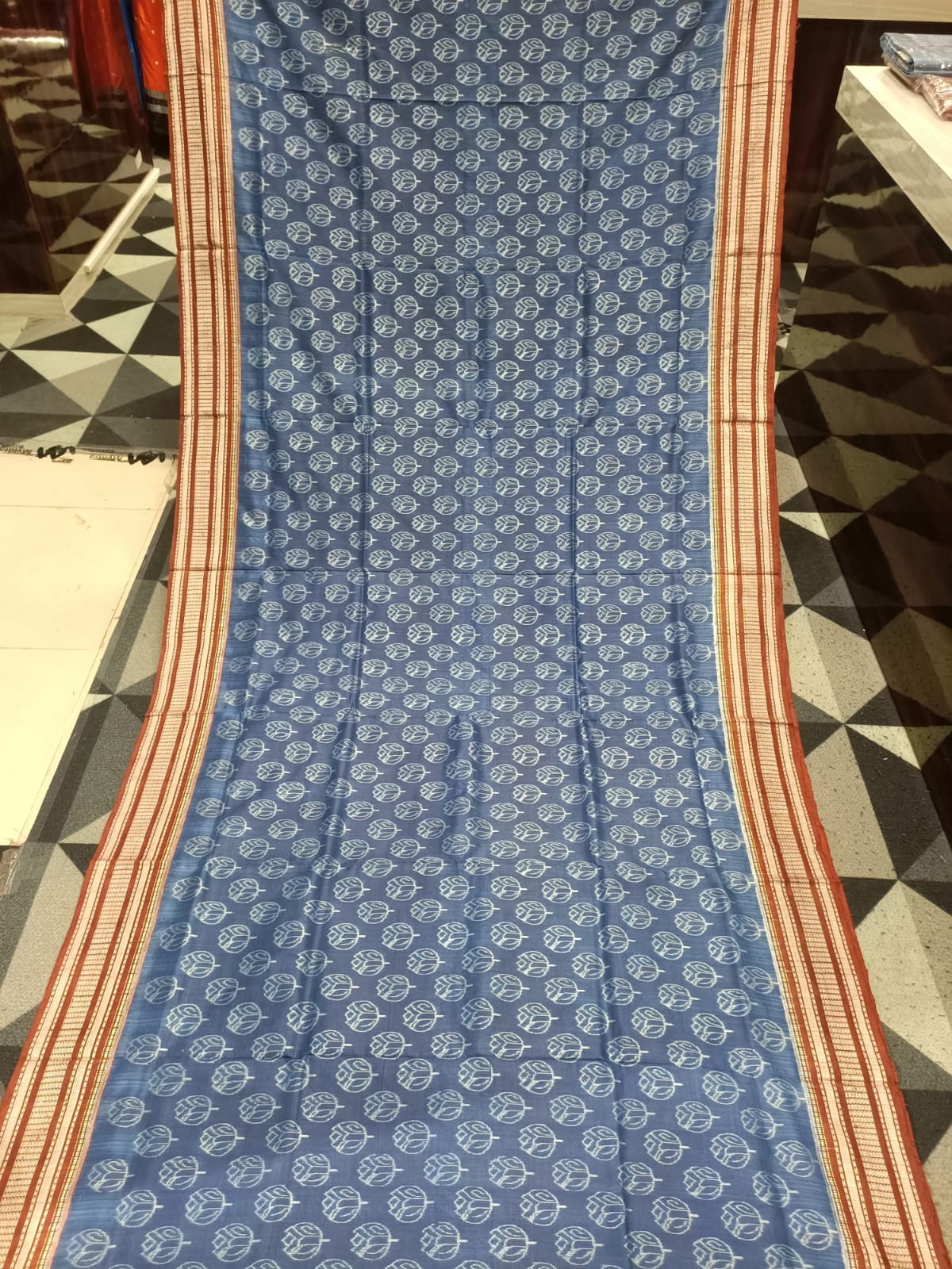 Indigo Blue Maroon Tulips Natural Dye Sambalpuri Silk Saree