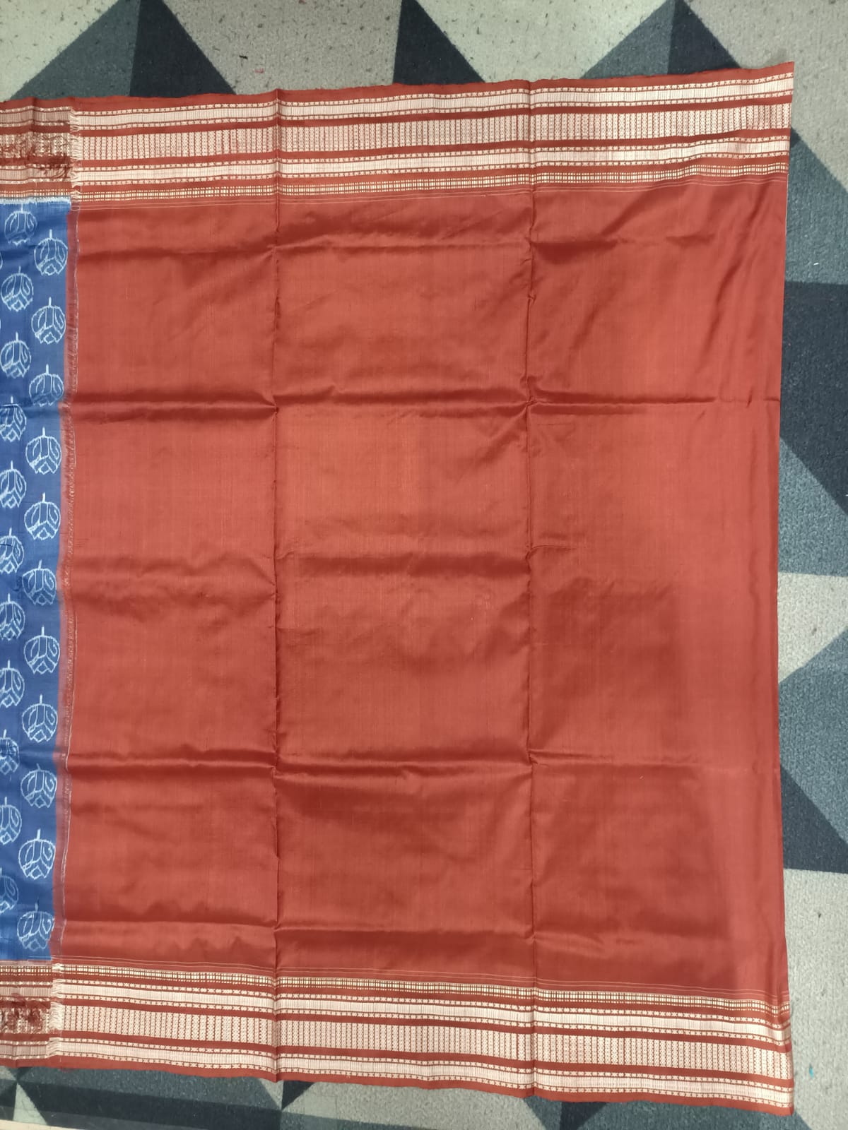 Indigo Blue Maroon Tulips Natural Dye Sambalpuri Silk Saree