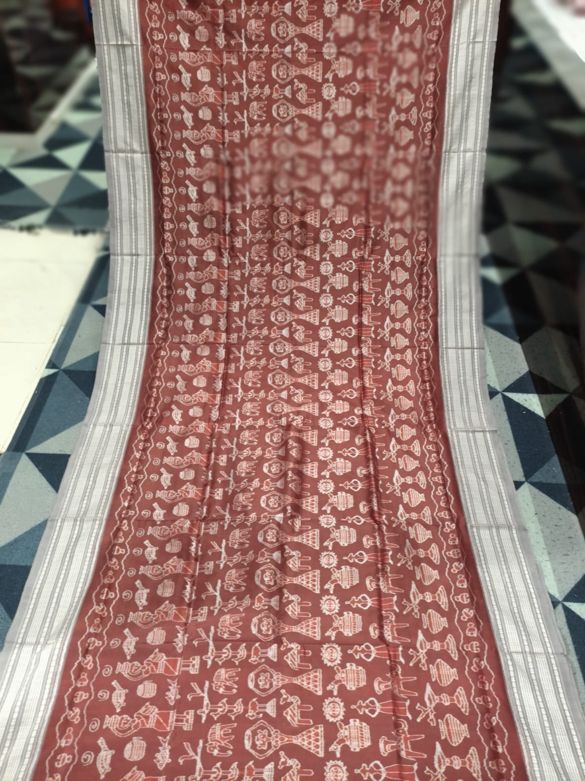 Maroon Grey Dhokra Design Natural Dye Sambalpuri Silk Saree
