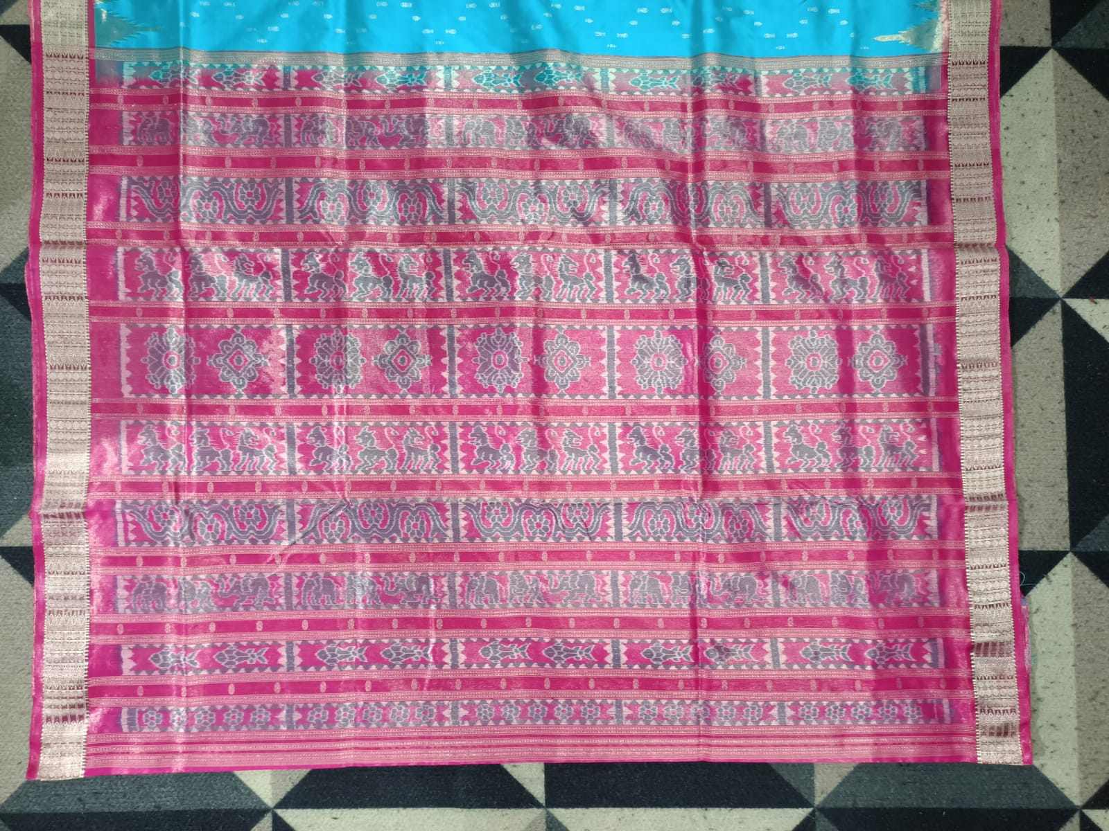 Firozi Blue Magenta Fish Buti Phoda Kumbha Tissue Sambalpuri Silk Saree