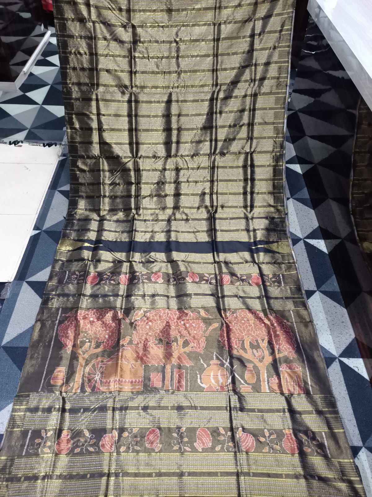 Black Golden & Silver Partly  Phoda Kumbha Tissue Sambalpuri Silk Saree