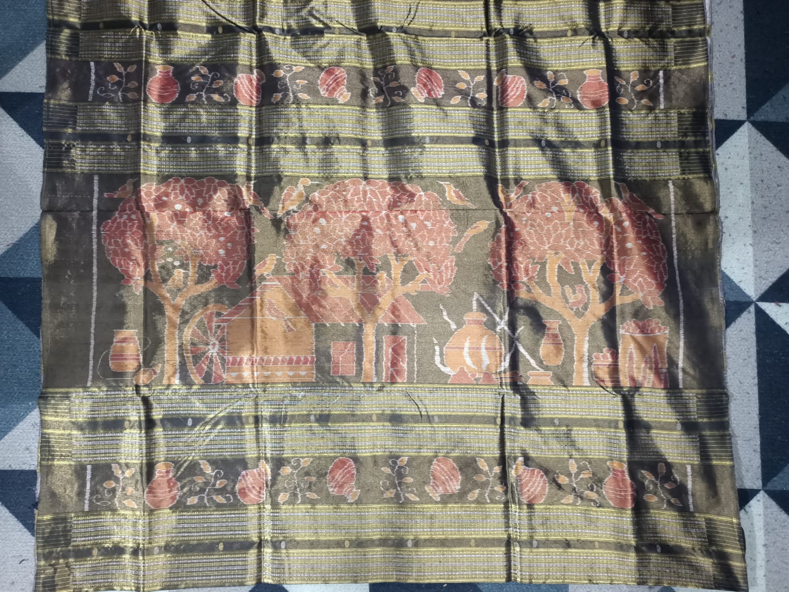 Black Golden & Silver Partly  Phoda Kumbha Tissue Sambalpuri Silk Saree