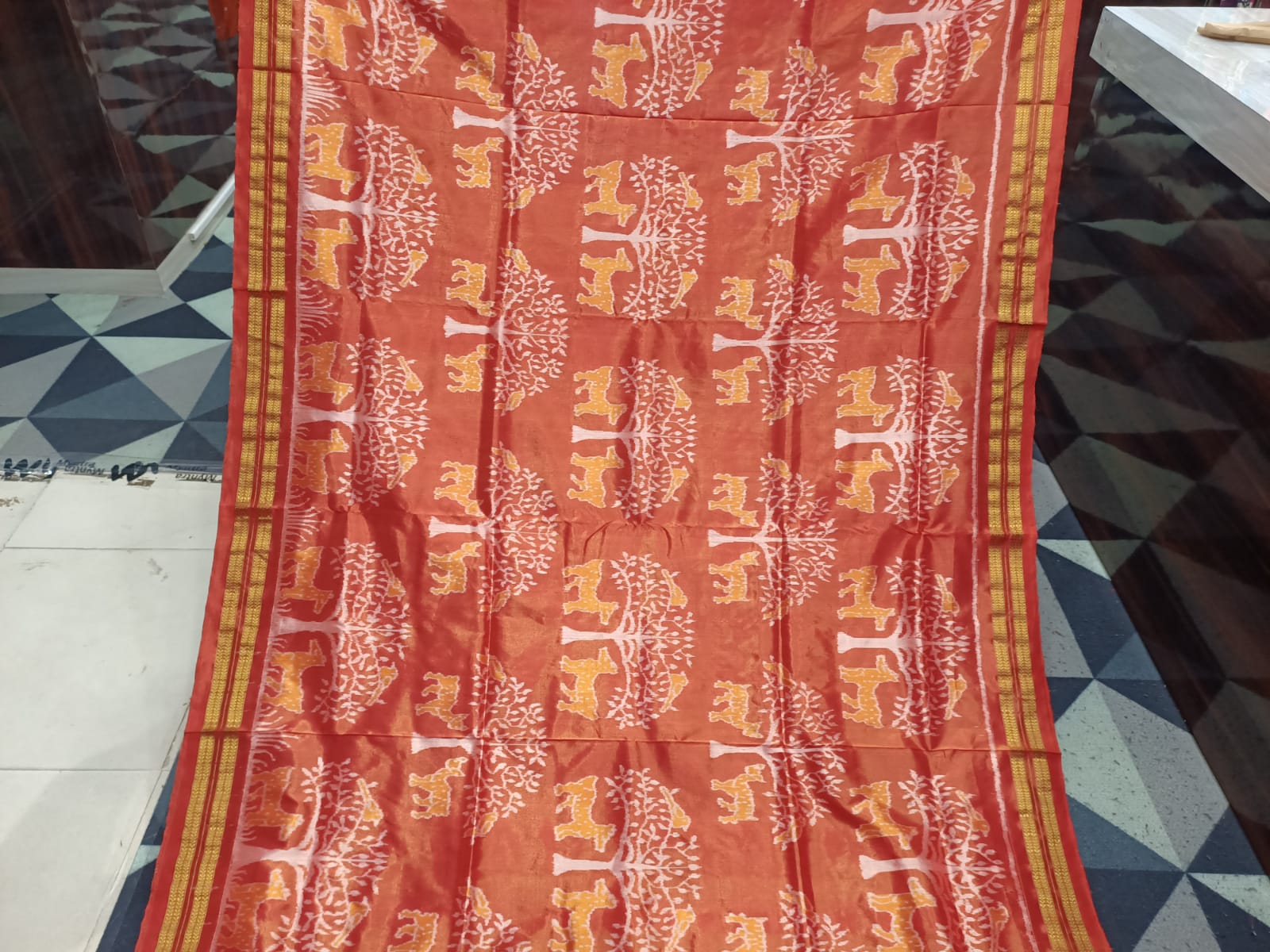 Burnt Orange Animal & Tree Design Full Tissue Sambalpuri Silk Saree