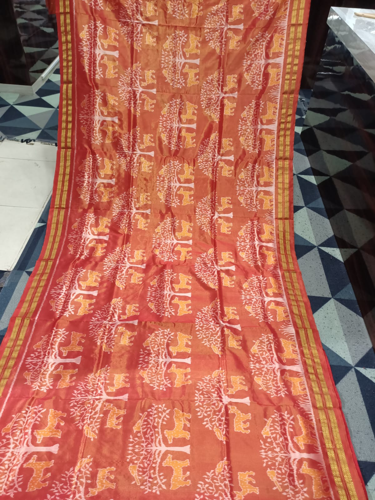 Burnt Orange Animal & Tree Design Full Tissue Sambalpuri Silk Saree