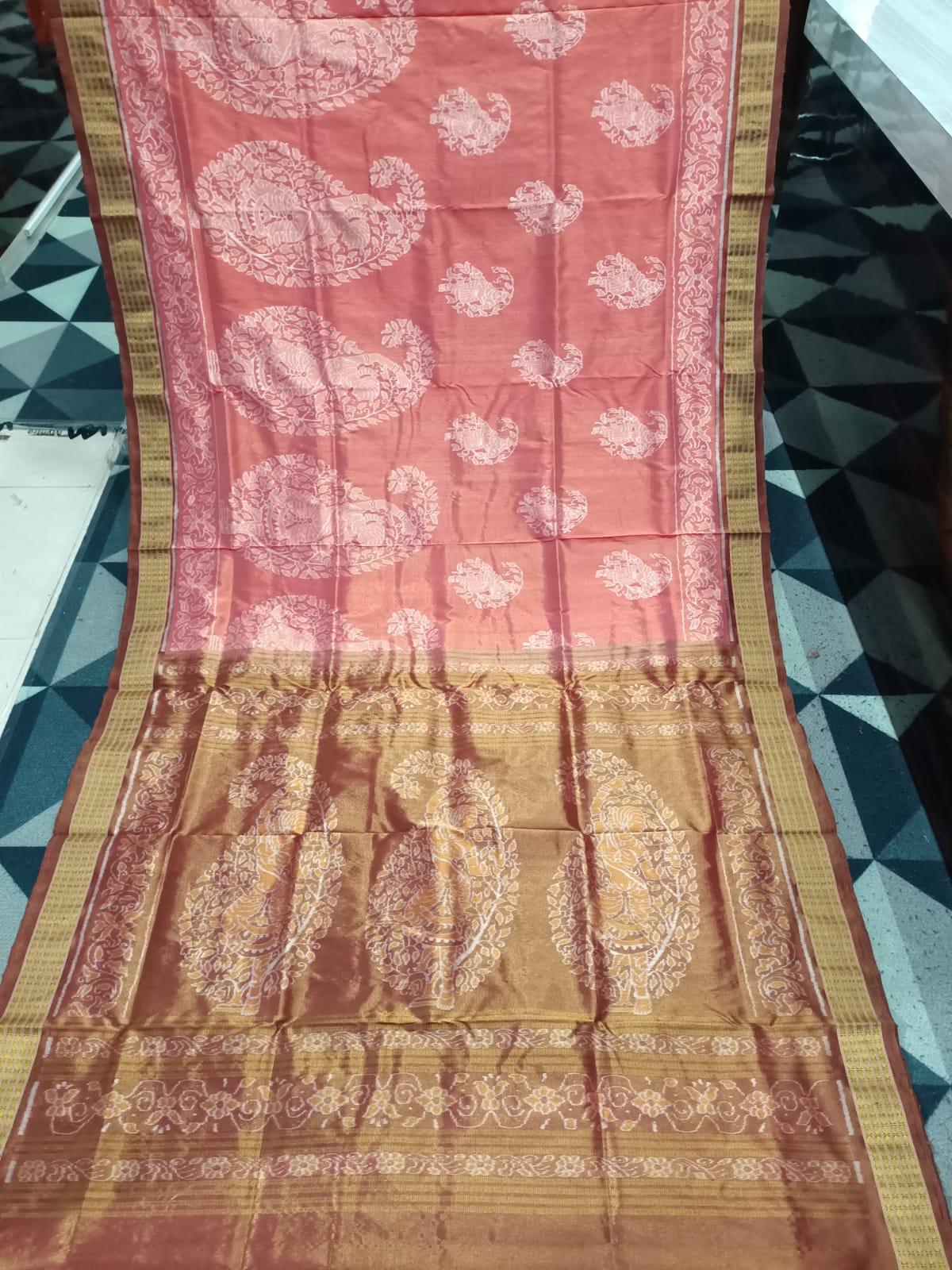 Peach Coffee Parsley Design Full Tissue Sambalpuri Silk Saree