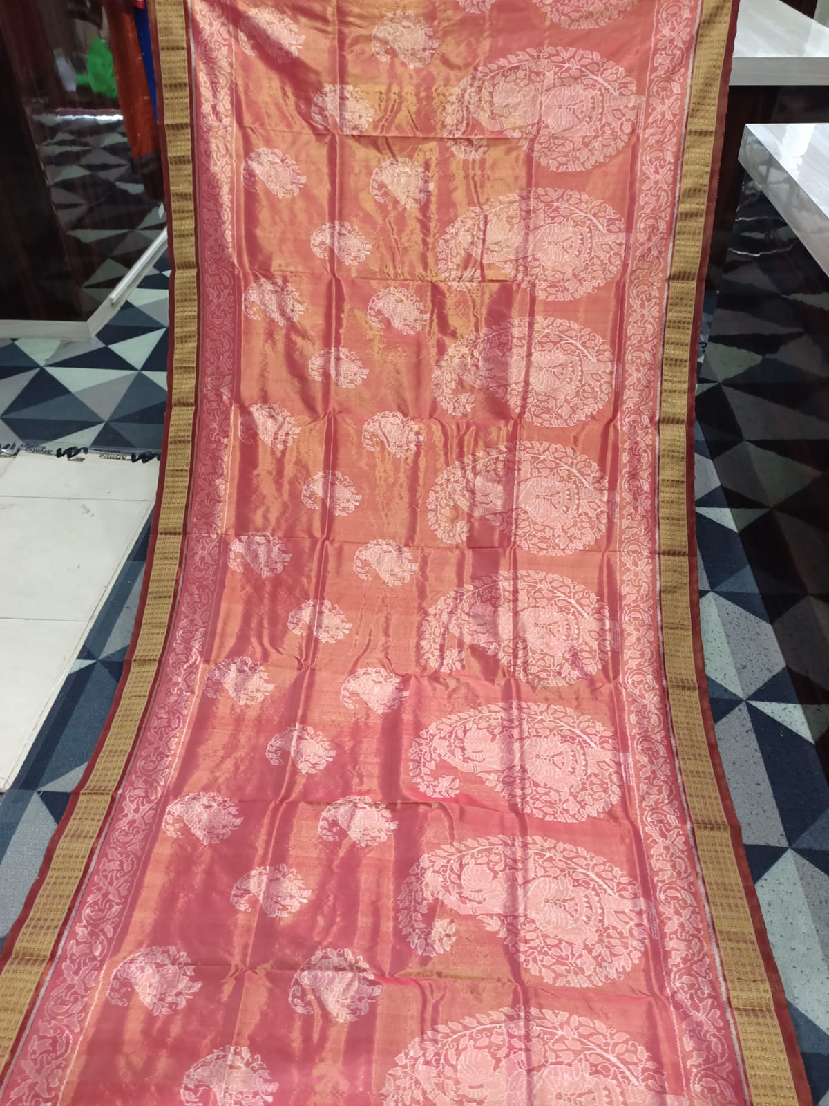 Peach Coffee Parsley Design Full Tissue Sambalpuri Silk Saree