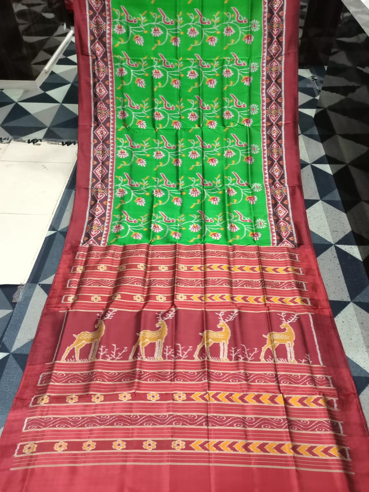 Green Maroon Birds & Tree Design Mulberry Silk Saree