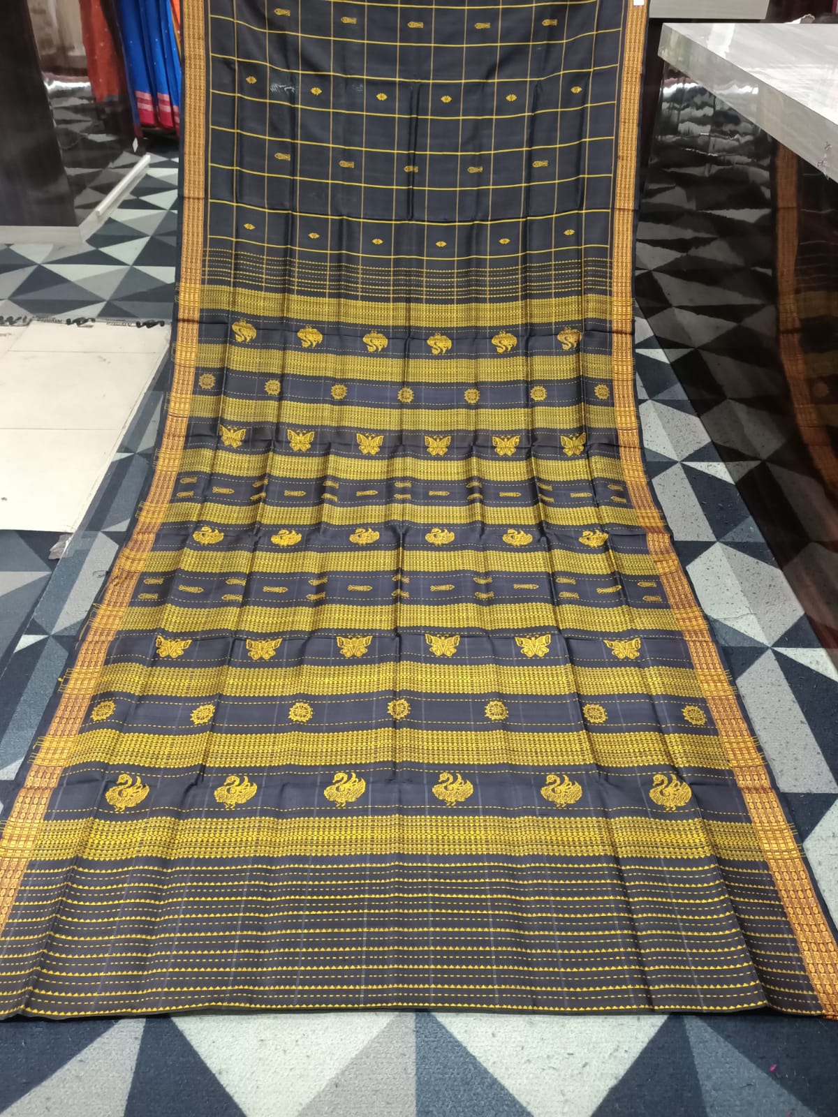 Black Golden Yellow Checks Fish Double Anchal Berhampuri Silk Saree