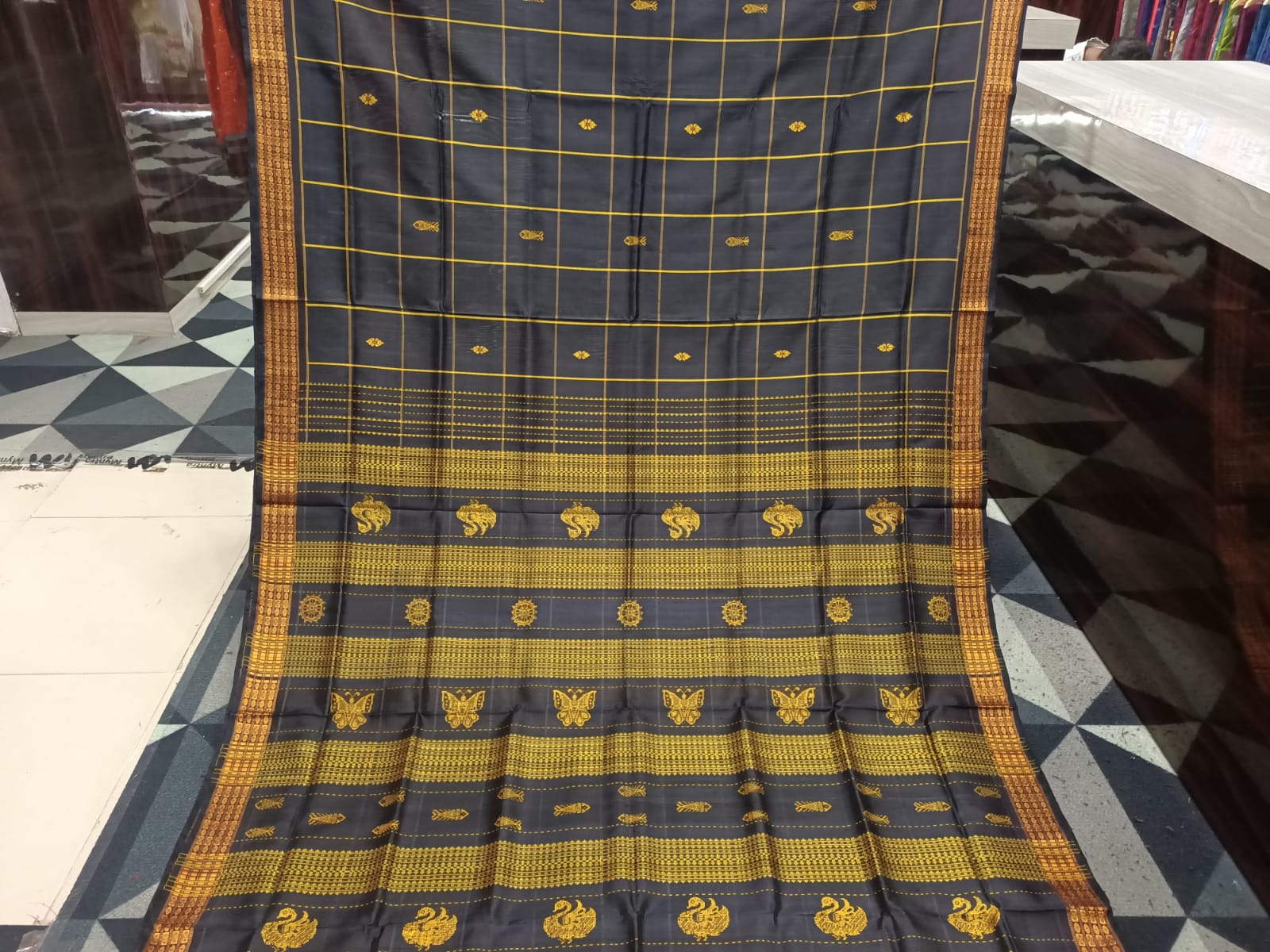 Black Golden Yellow Checks Fish Double Anchal Berhampuri Silk Saree