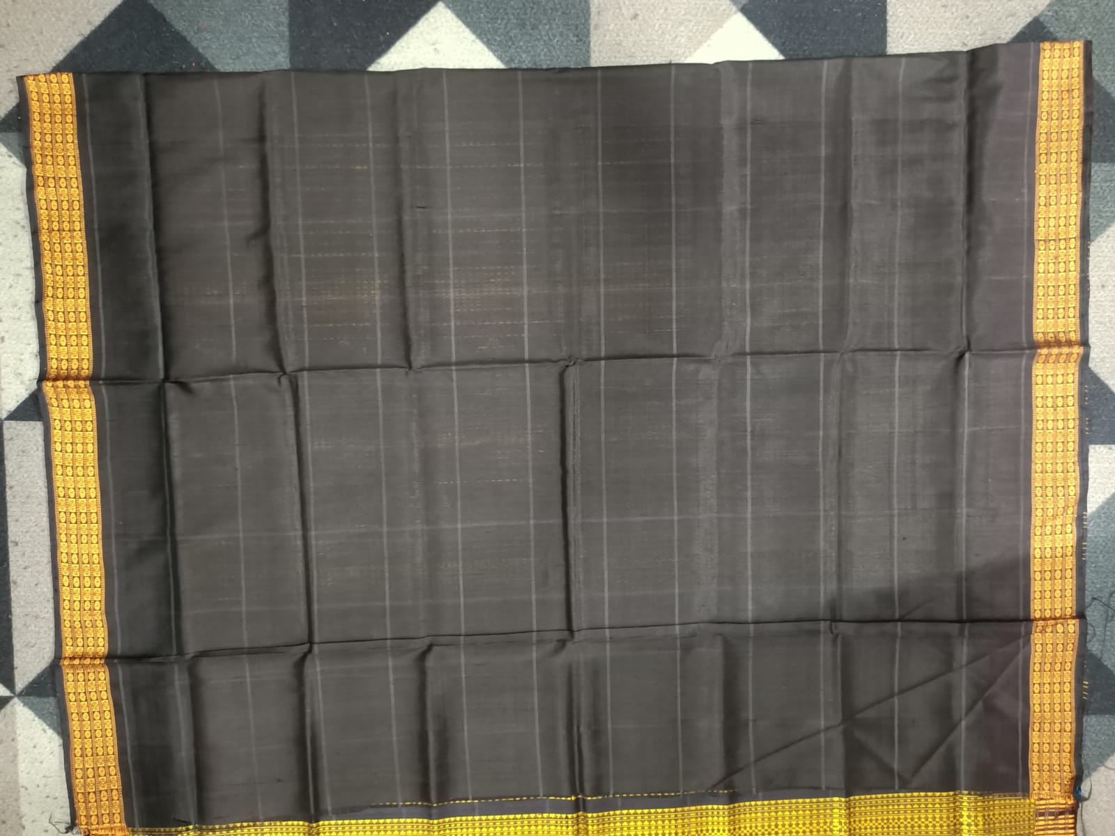 Black Golden Yellow Checks Fish Double Anchal Berhampuri Silk Saree