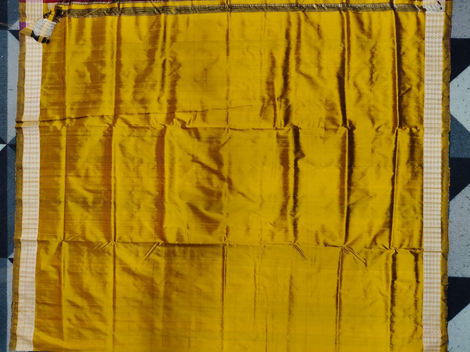 Mustard Yellow Checks Fish Multicolor Double Anchal Berhampuri Silk Saree
