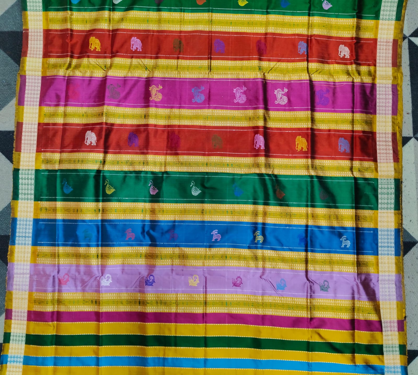 Mustard Yellow Checks Fish Multicolor Double Anchal Berhampuri Silk Saree
