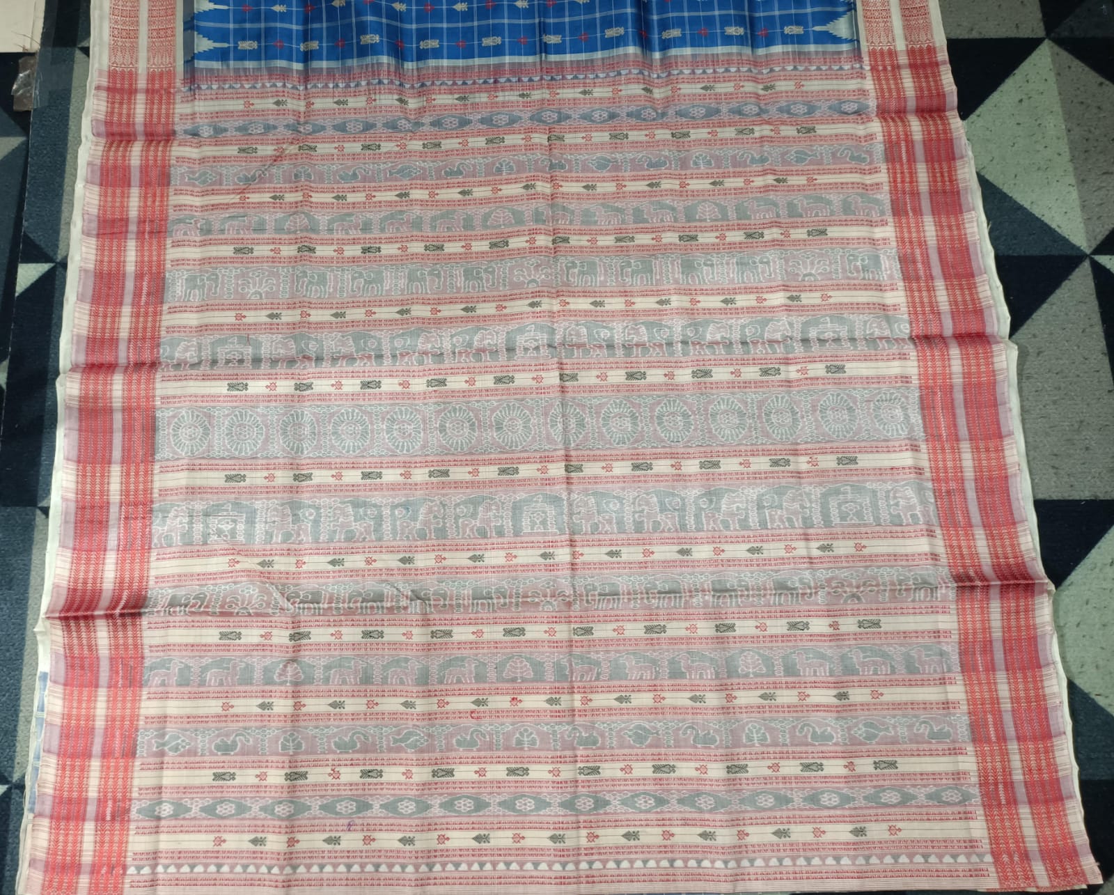 Teal Blue Cream Hazarbuti Tussar Silk Saree