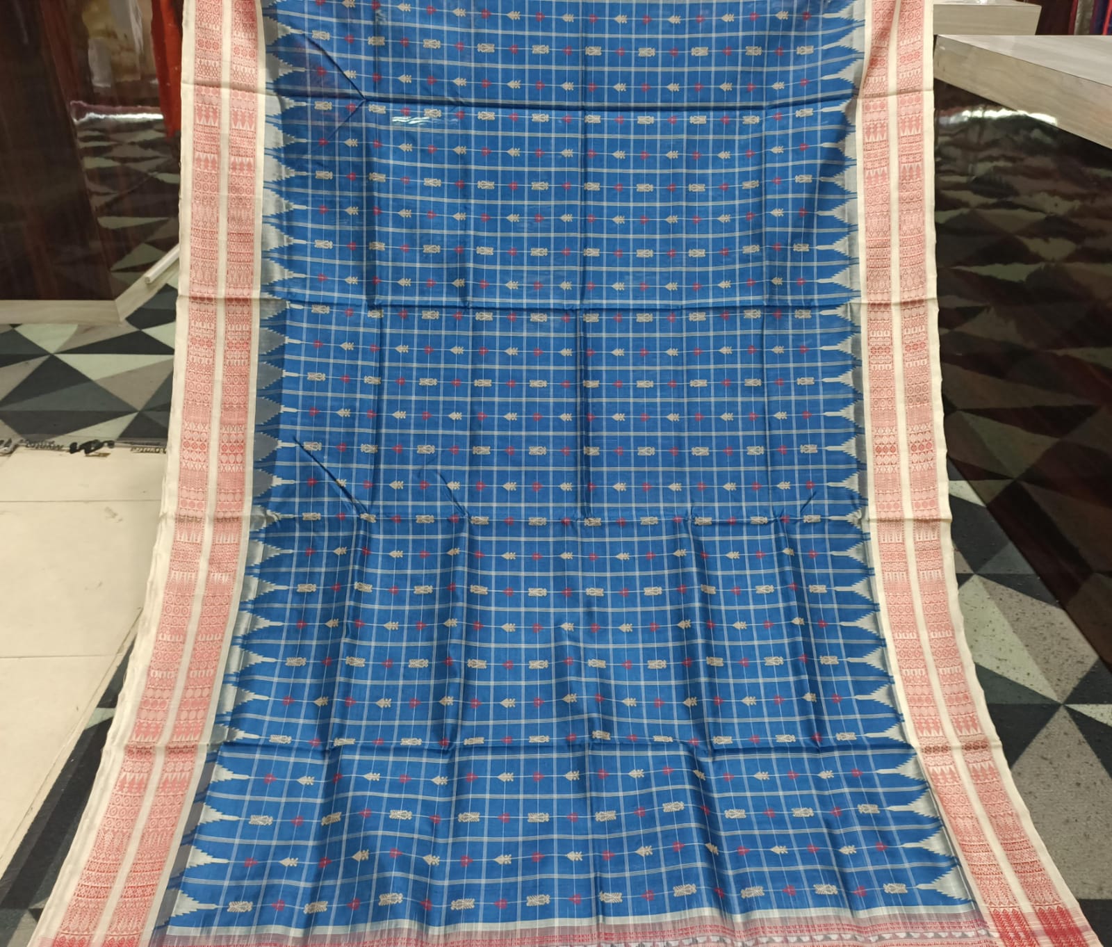 Teal Blue Cream Hazarbuti Tussar Silk Saree