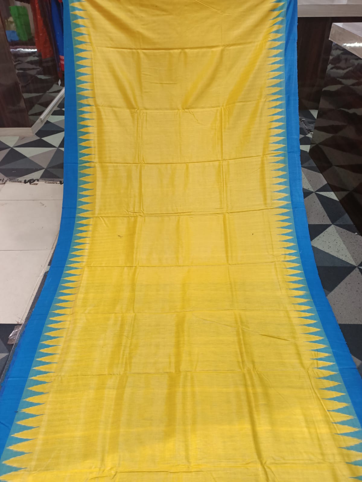 Yellow Copper Sulphate Kumbha Border Eri Tusser Silk Saree