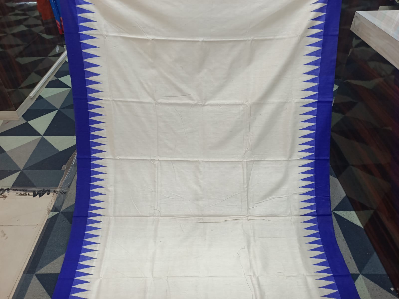 White Blue Kumbha Border Eri Tusser Silk Saree