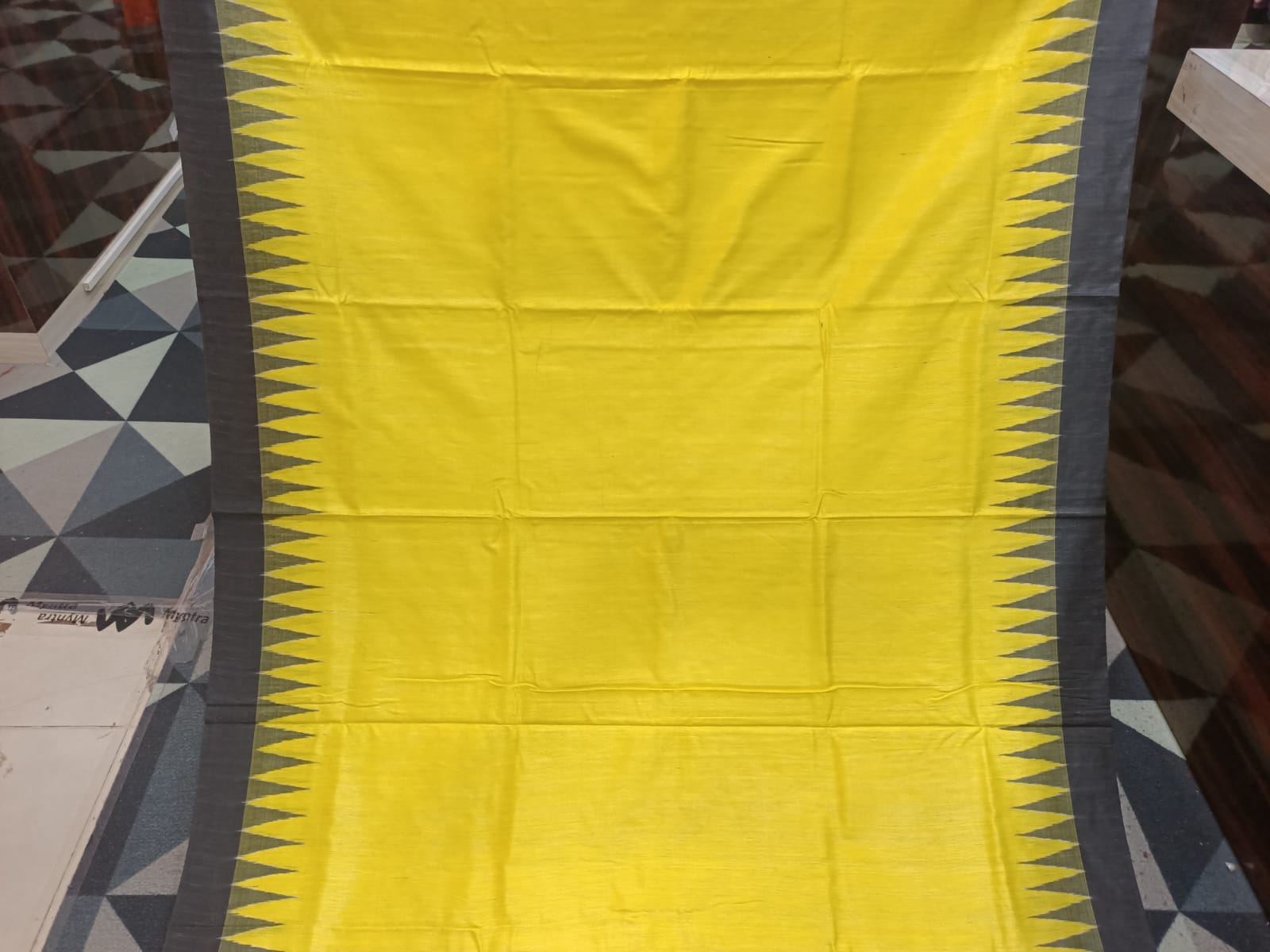 Yellow Black Kumbha Border Eri Tusser Silk Saree