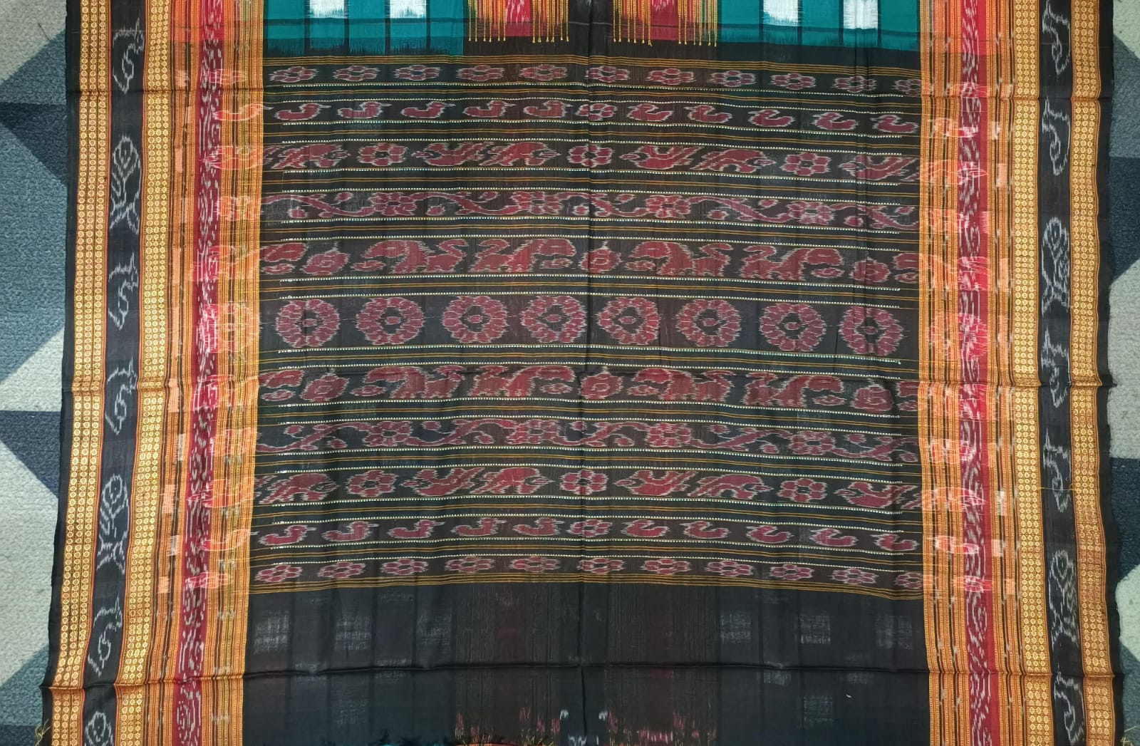 Green Red Black Bichitrapuri Sambalpuri Cotton Saree