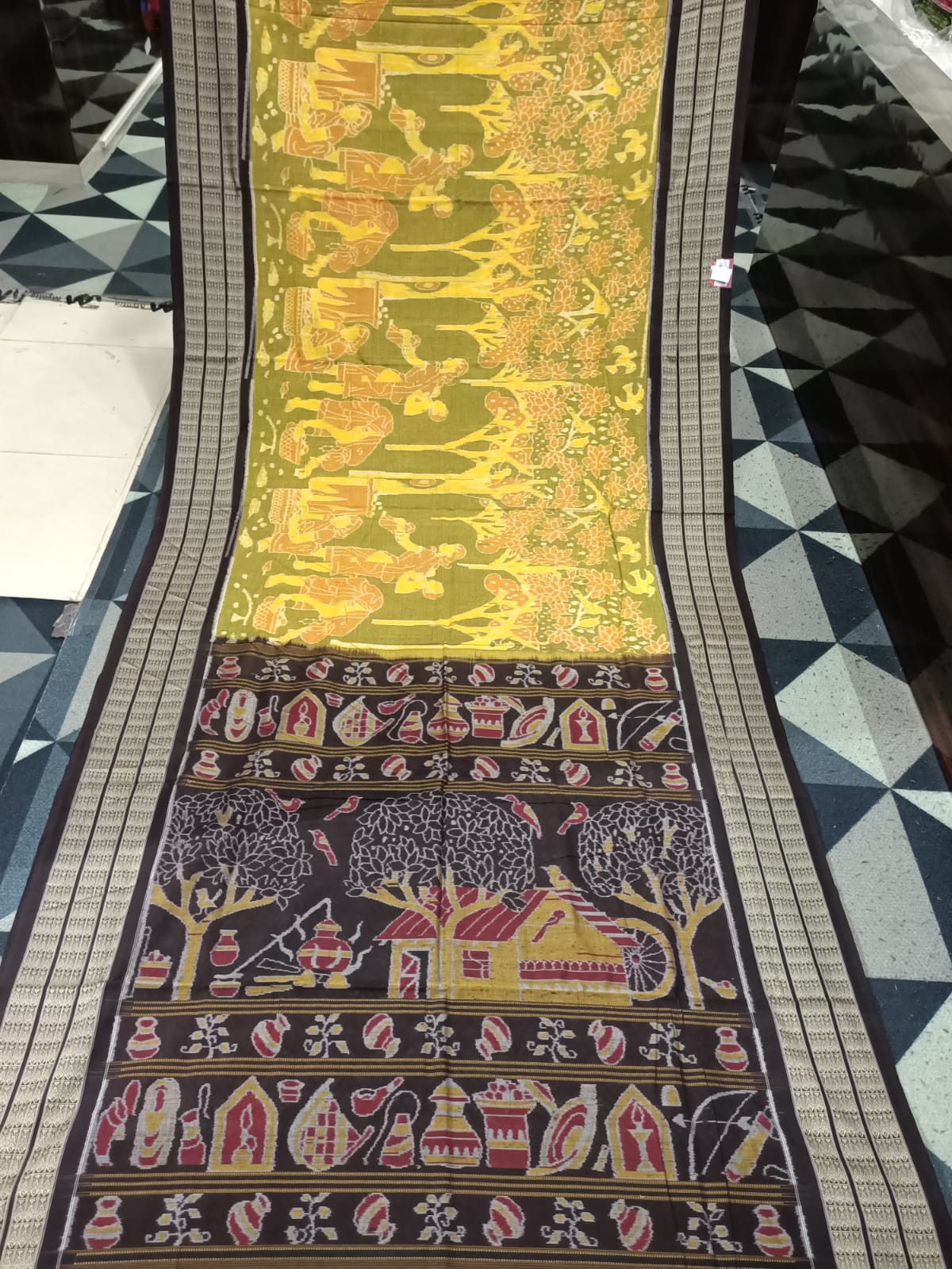 Yellow Black Mahulabenta Sambalpuri Cotton Saree