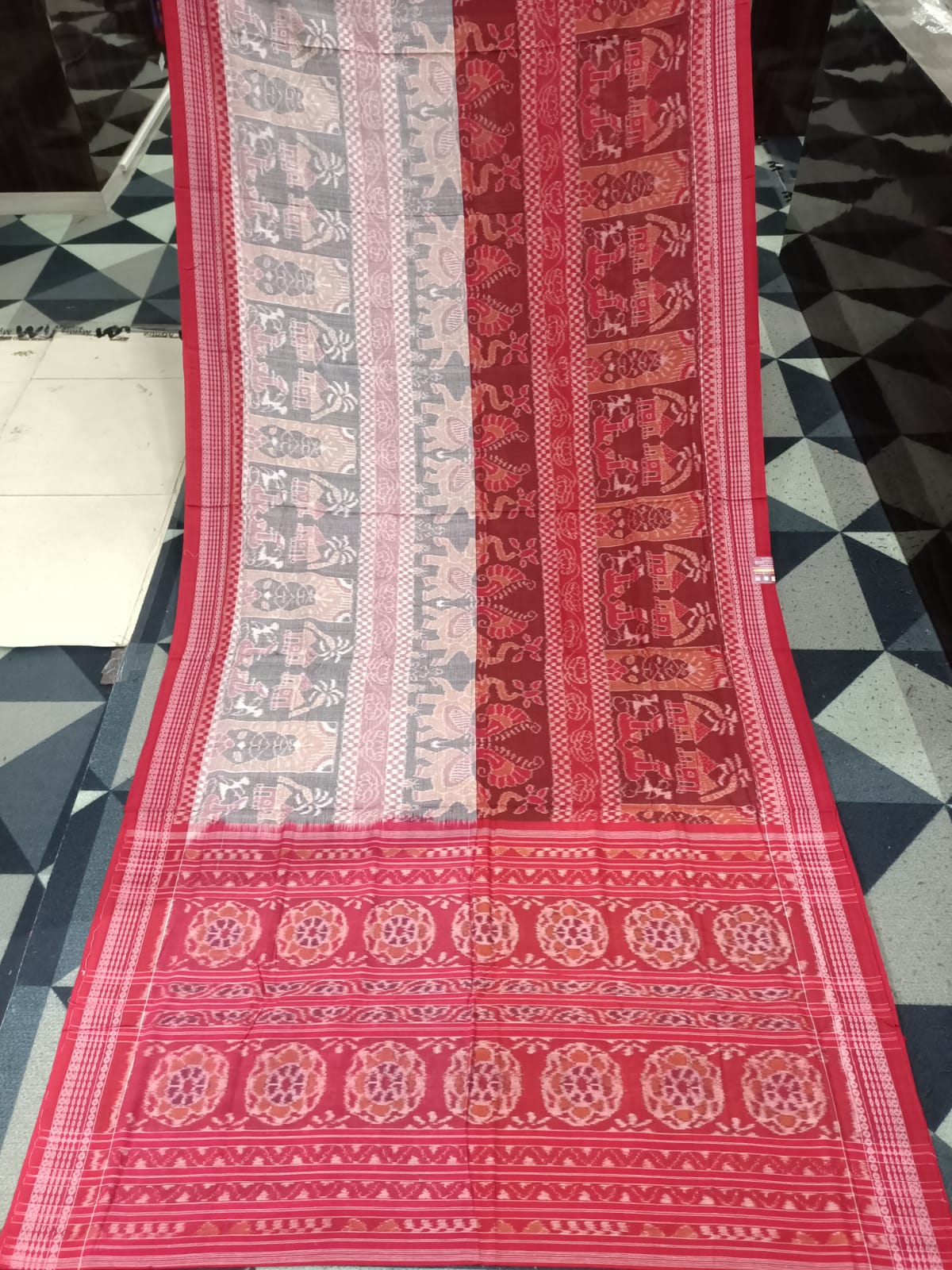 peach Red Elephant & House Design Sambalpuri Cotton Saree