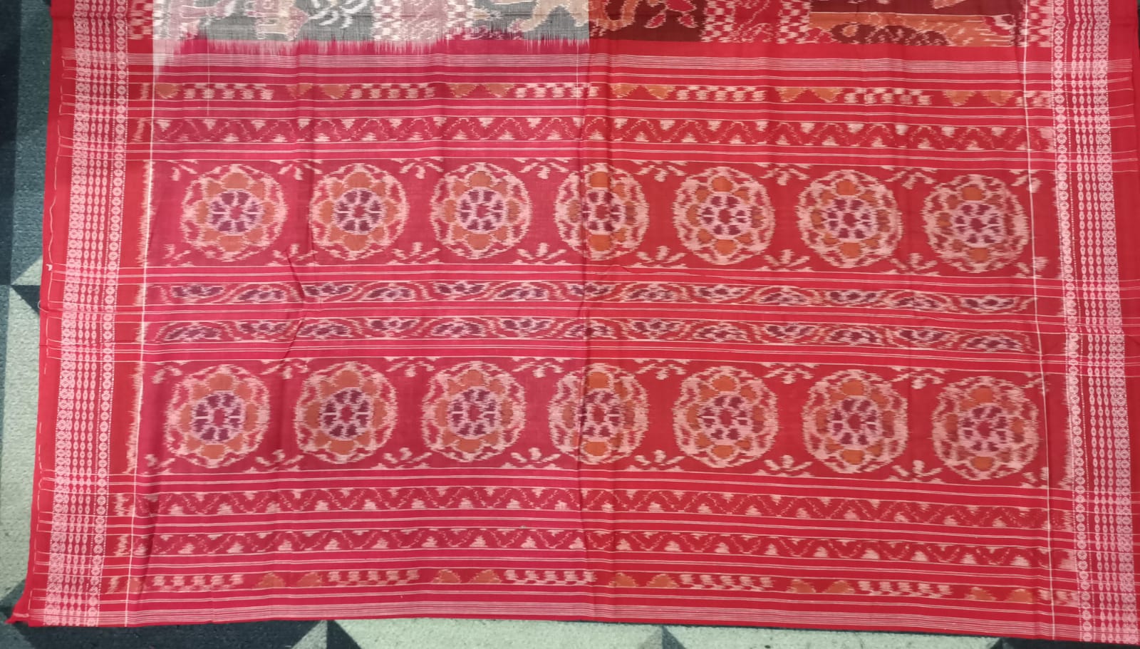 peach Red Elephant & House Design Sambalpuri Cotton Saree