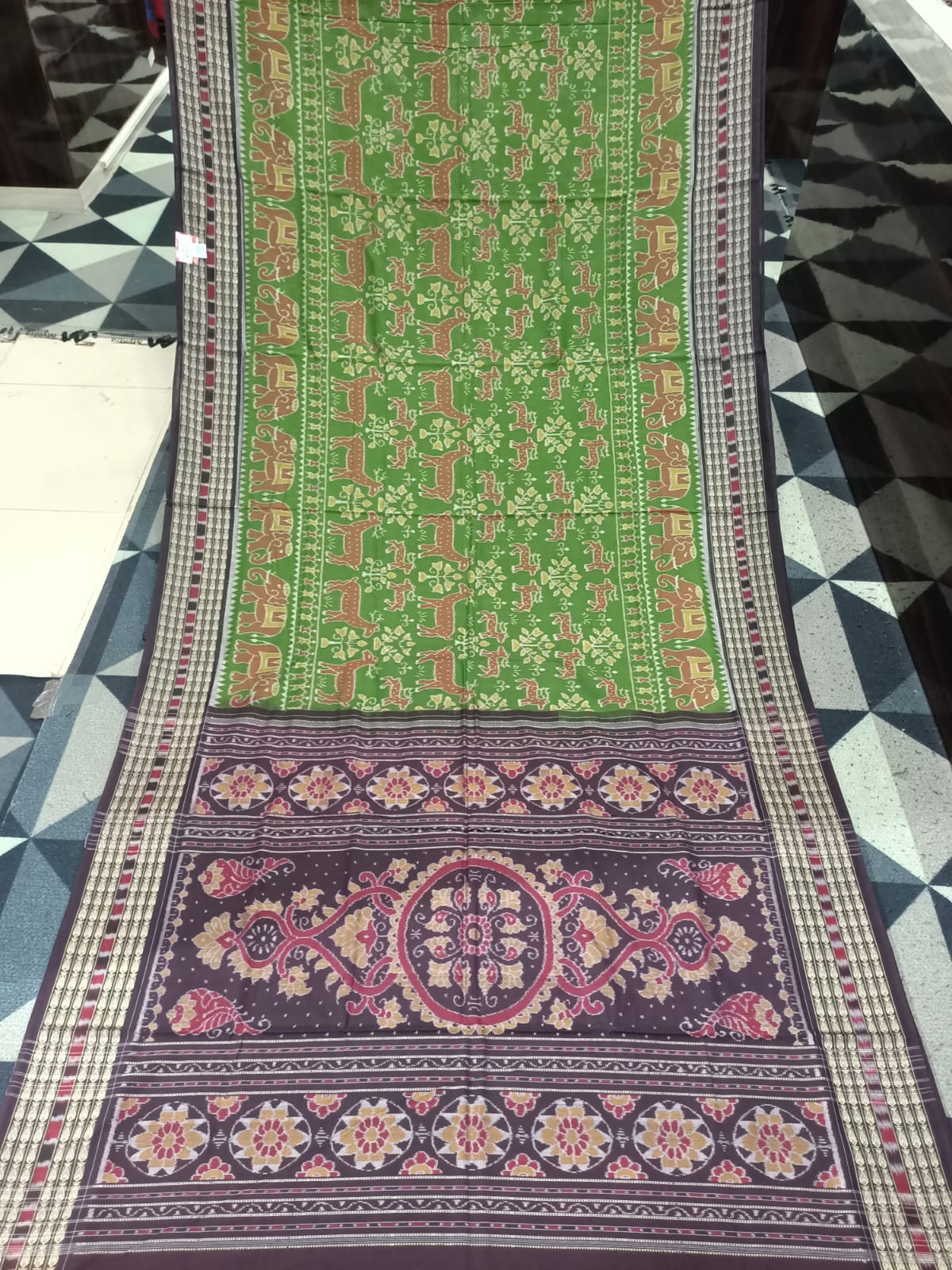 Green Black Deer & Tree Design Sambalpuri Cotton Saree