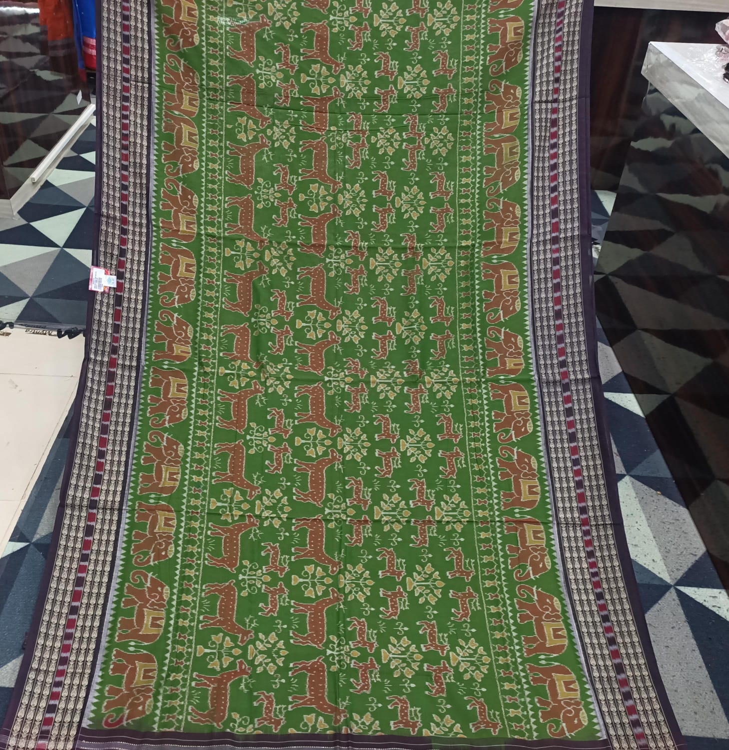 Green Black Deer & Tree Design Sambalpuri Cotton Saree
