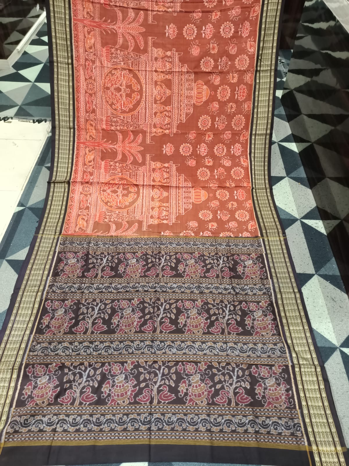 Rust Coffee Temple & Tree Design Sambalpuri Cotton Saree