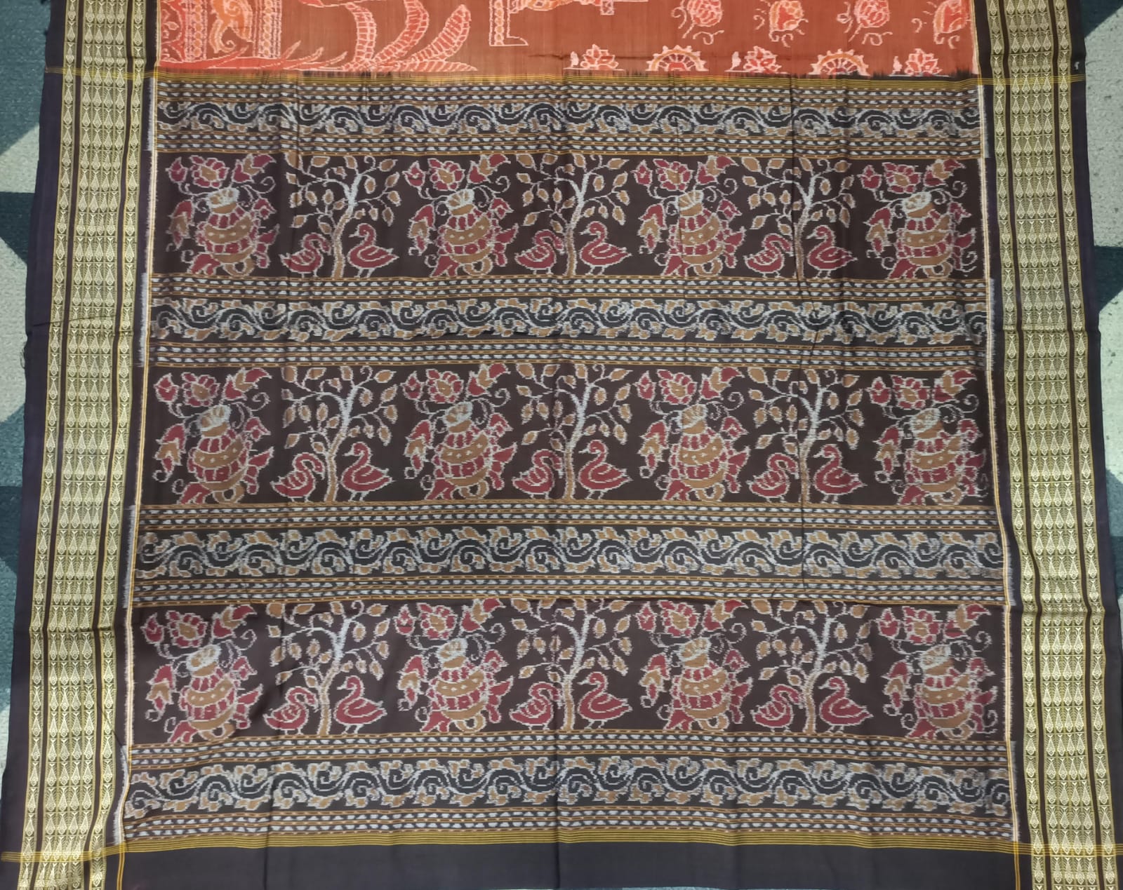 Rust Coffee Temple & Tree Design Sambalpuri Cotton Saree