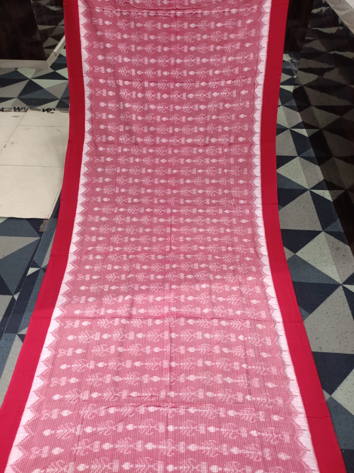 Peach Red Sachipar & Tree Design Sambalpuri Cotton Saree