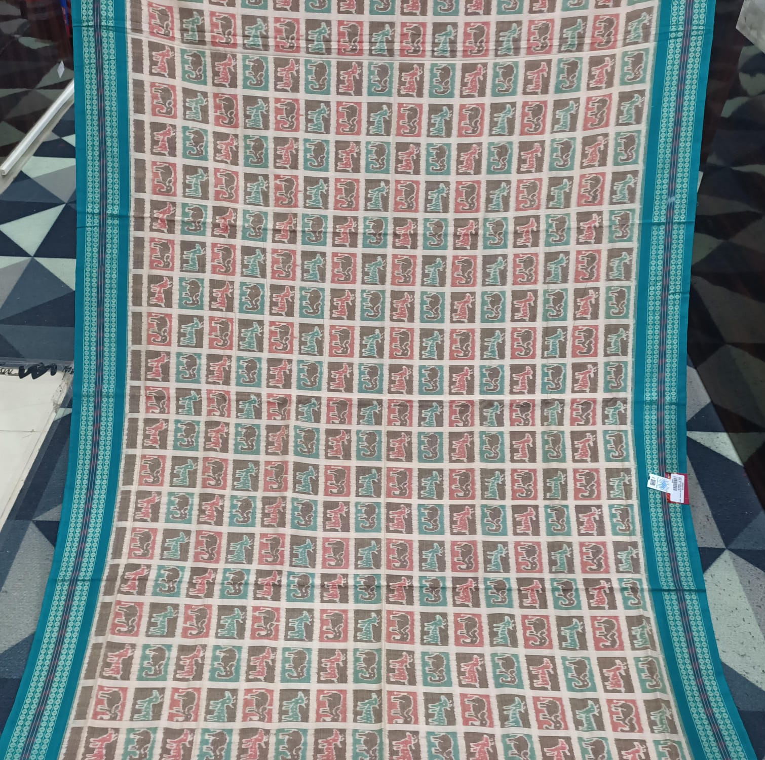 Off White Maroon Sea Green Kothi Animal Sambalpuri Cotton Saree