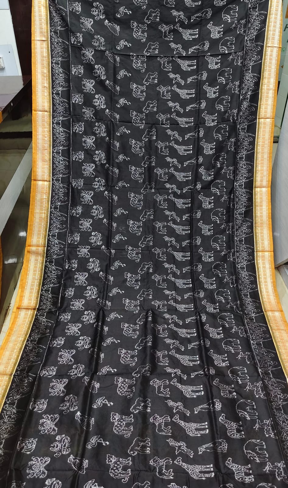 Black Mustard Yellow Animal Planet Sambalpuri Silk Saree