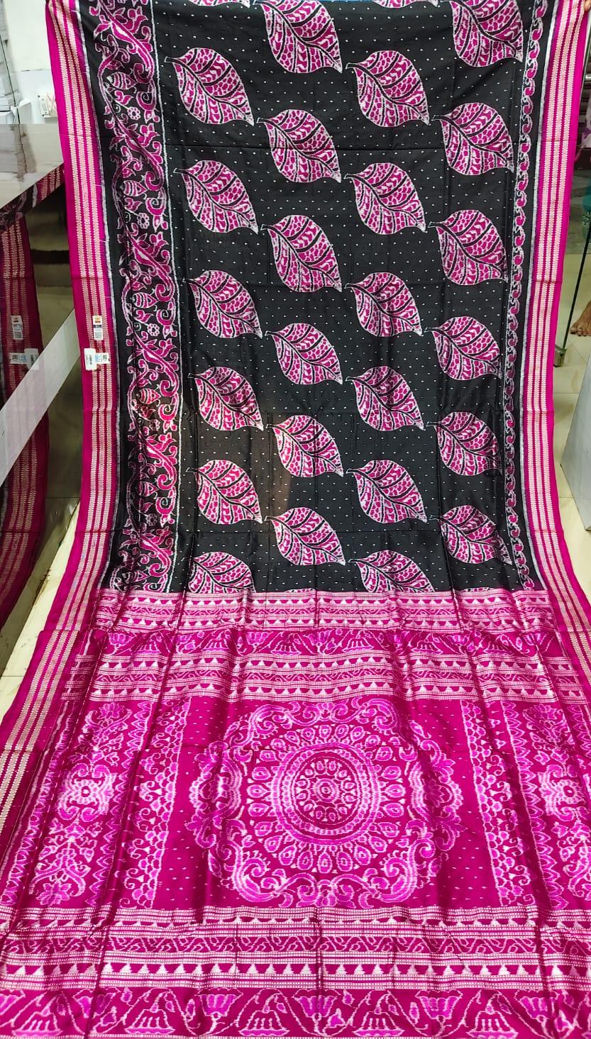 Black Magenta Body Leaf Design Sambalpuri Silk Saree