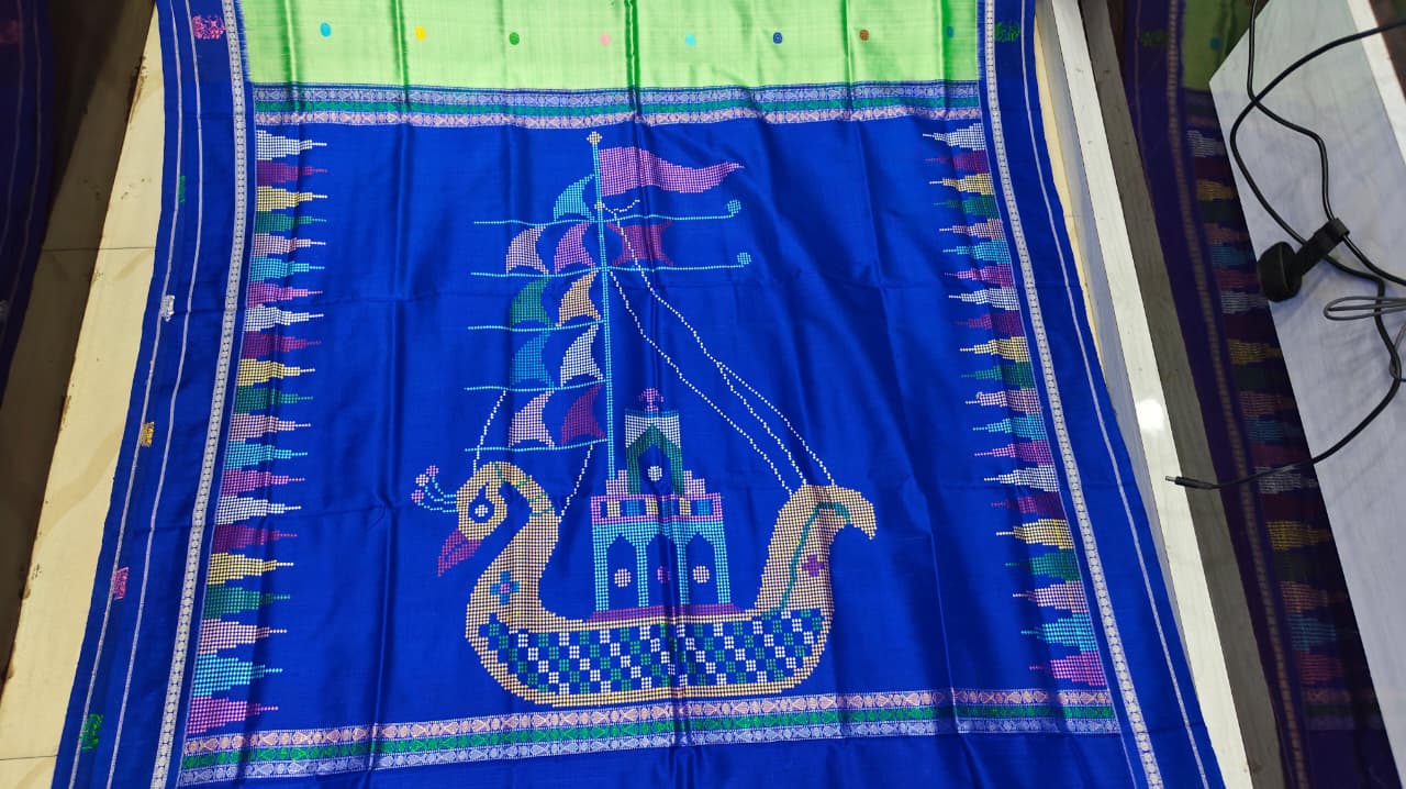 Pista Green Blue Boita Bomkai Silk Saree