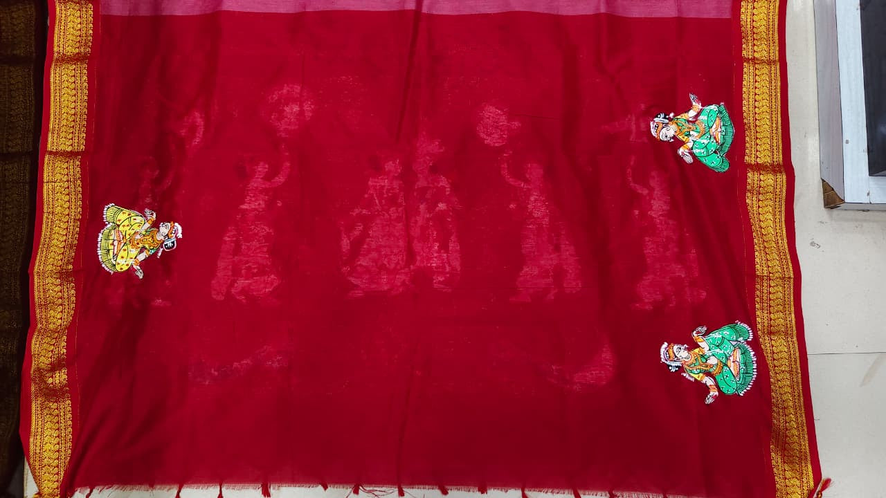 pinkish-red Radha Krishna Rasa Theme Pattachitra South Cotton Saree
