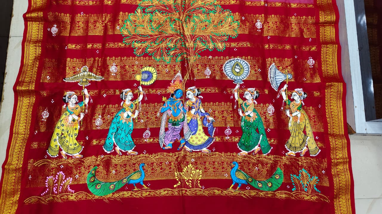 pinkish-red Radha Krishna Rasa Theme Pattachitra South Cotton Saree
