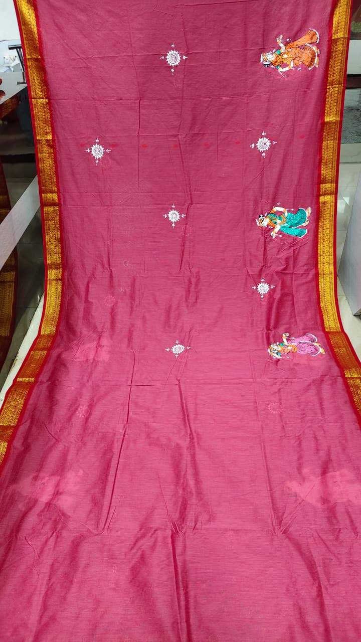 pinkish-red Radha Krishna Rasa Theme Pattachitra South Cotton Saree