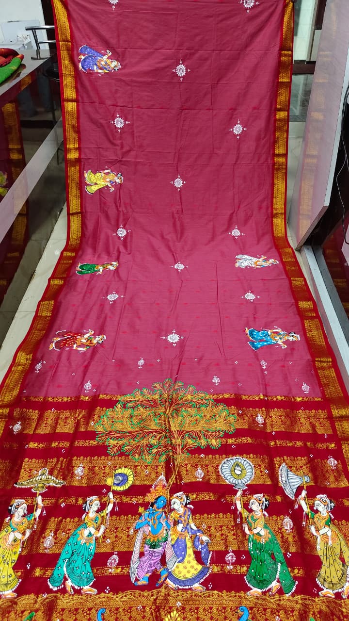 pinkish-red Radha Krishna Rasa Theme Pattachitra South Cotton Saree