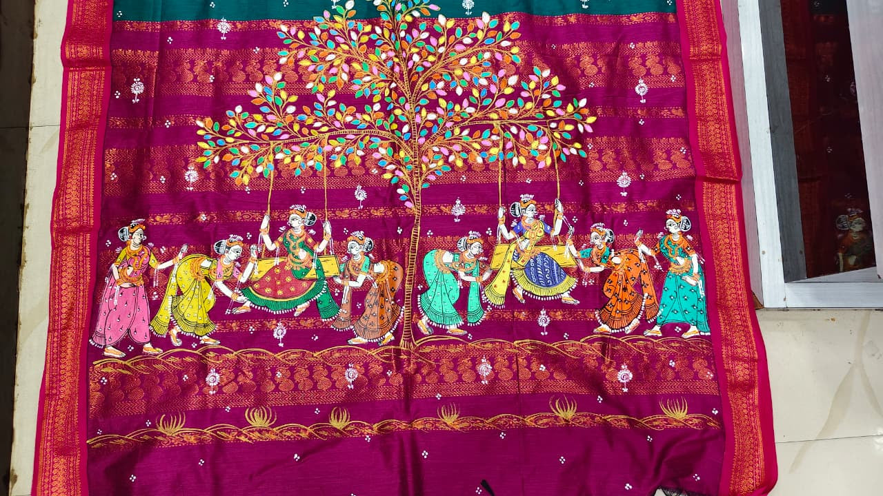 Rama Green Magenta Raja Doli Theme Pattachitra South Cotton Saree