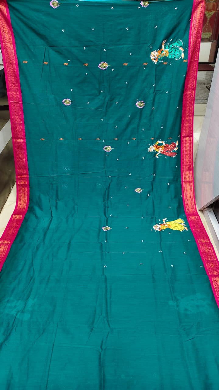 Rama Green Magenta Raja Doli Theme Pattachitra South Cotton Saree