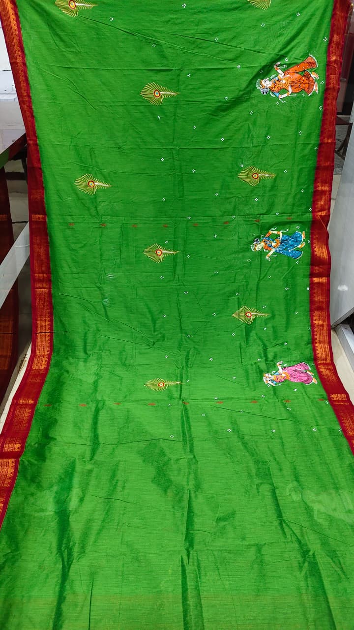 Parrot Green Red Radha Krishna Rasa Theme Pattachitra South Cotton Saree