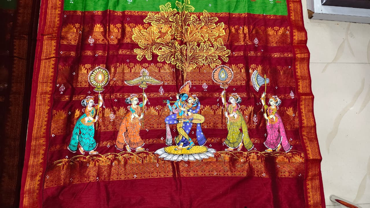 Parrot Green Red Radha Krishna Rasa Theme Pattachitra South Cotton Saree