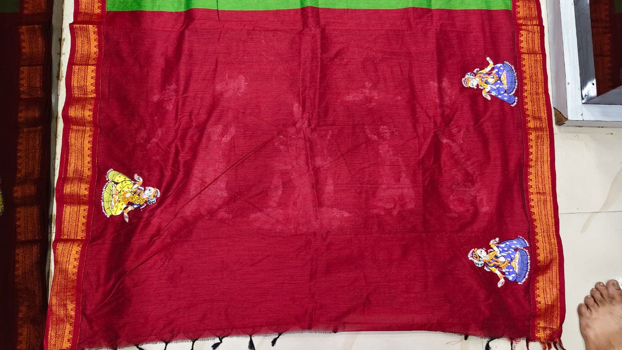 Parrot Green Red Radha Krishna Rasa Theme Pattachitra South Cotton Saree
