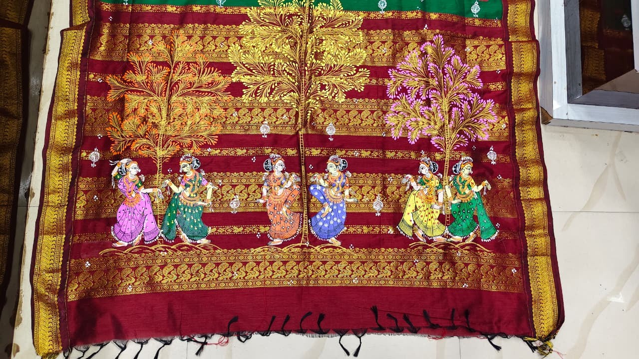 Green Maroon Sakhi Rasa Theme Pattachitra South Cotton Saree