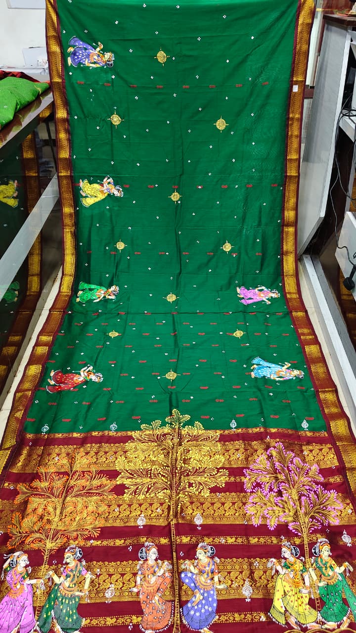 Green Maroon Sakhi Rasa Theme Pattachitra South Cotton Saree
