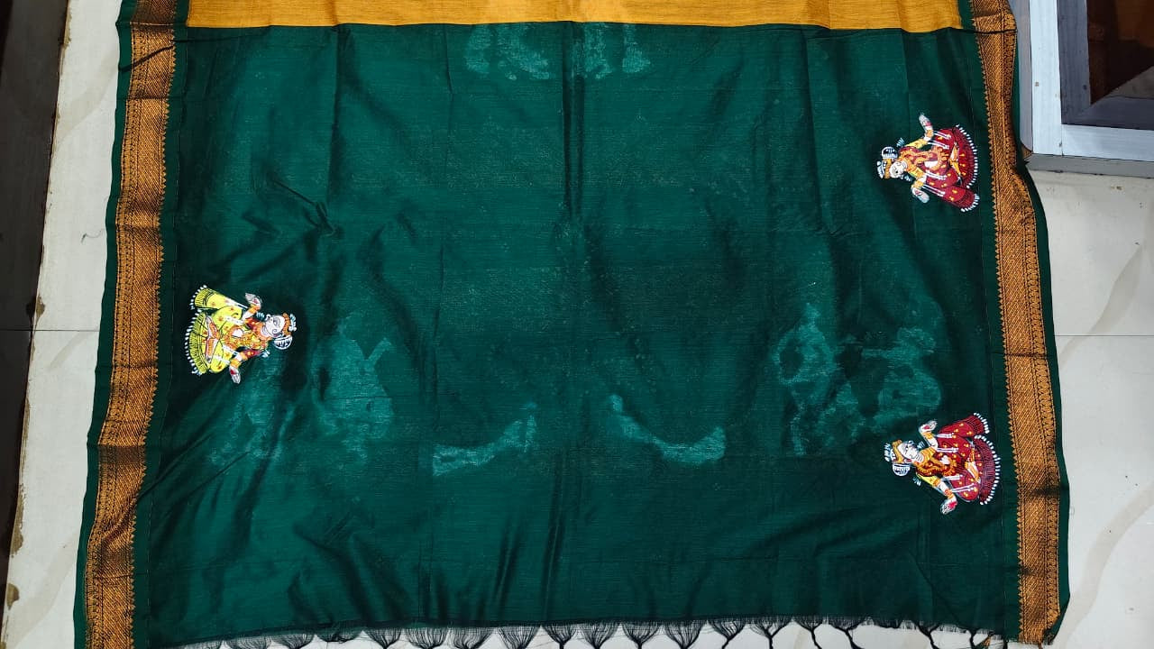 Yellow Green Sakhi Rasa Theme Pattachitra South Cotton Saree