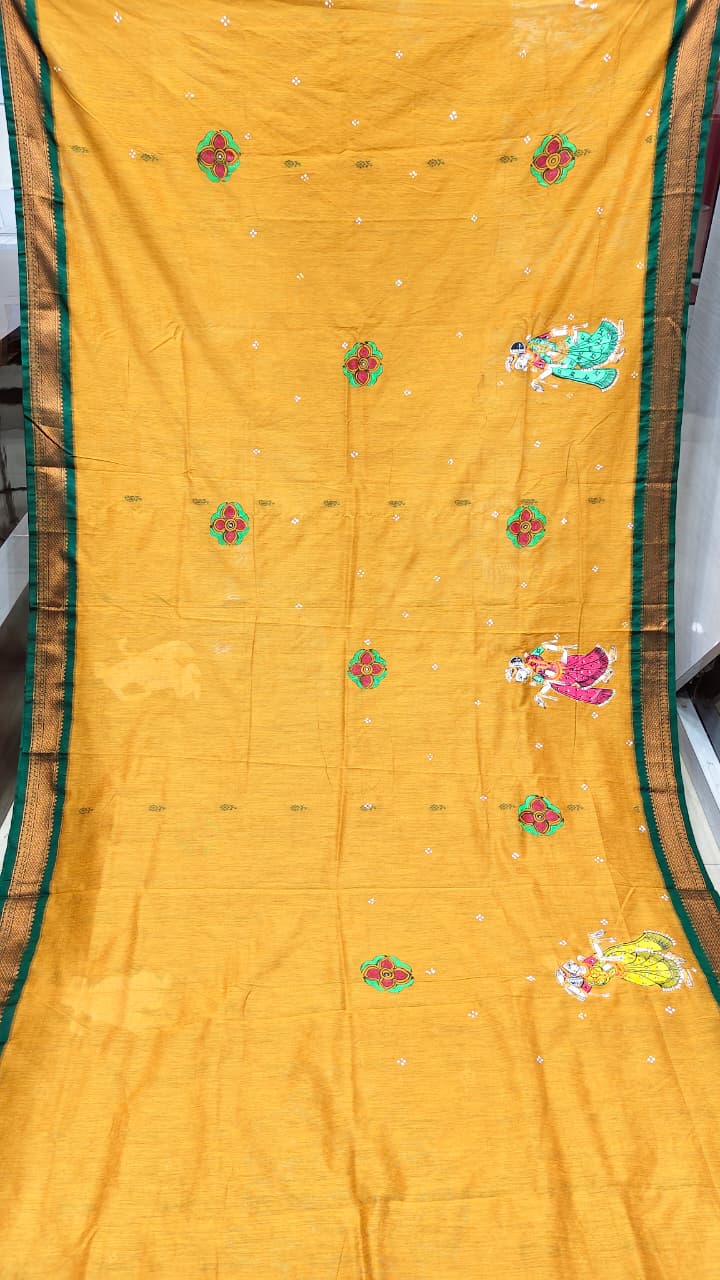 Yellow Green Sakhi Rasa Theme Pattachitra South Cotton Saree