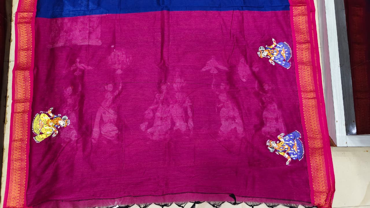 Blue Magenta Radha Krishna Rasa Theme Pattachitra South Cotton Saree