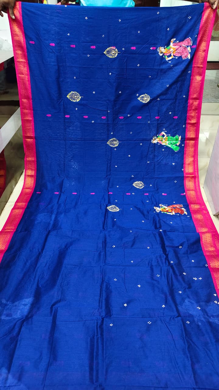 Blue Magenta Radha Krishna Rasa Theme Pattachitra South Cotton Saree